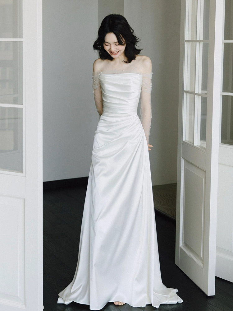 Long Sleeves Satin Mermaid Wedding Dresses Long Bridal Gown      S7213