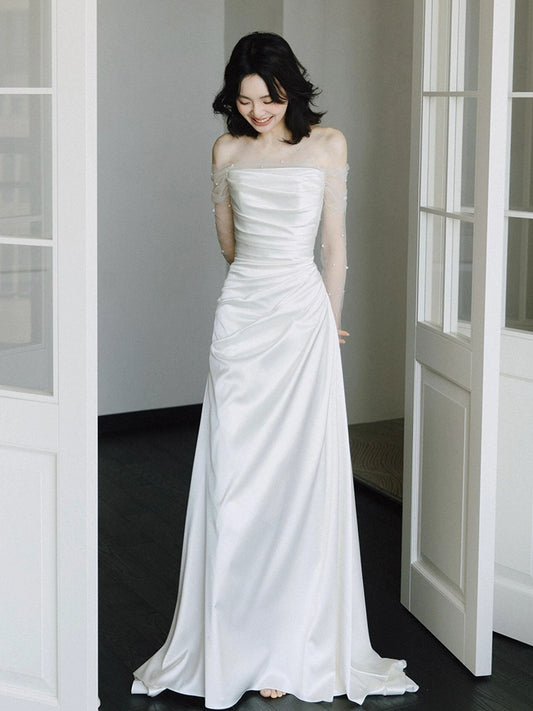 Long Sleeves Satin Mermaid Wedding Dresses Long Bridal Gown      S7213