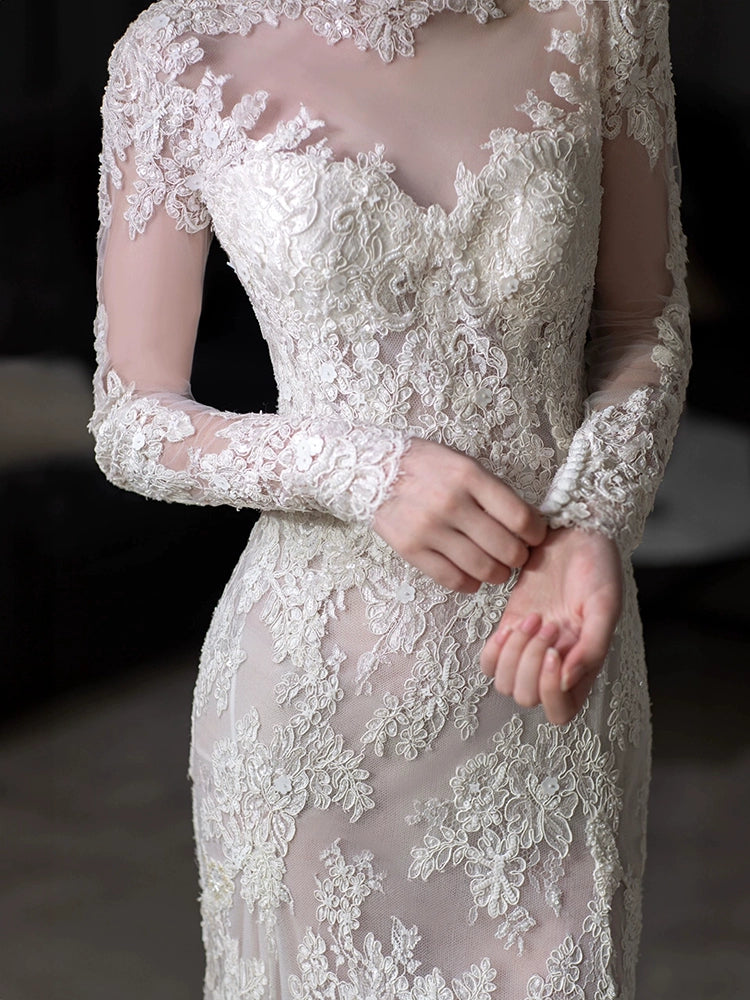 Long Sleeves Lace High Neck Wedding Dresses Long Bridal Gown      S7208
