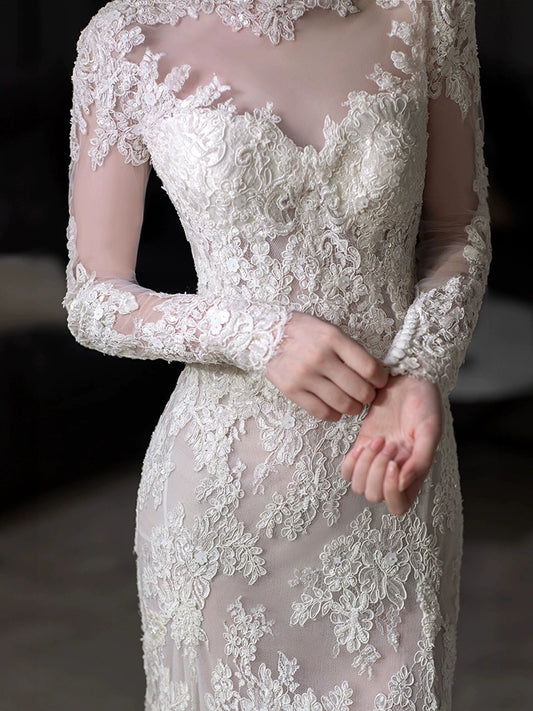 Long Sleeves Lace High Neck Wedding Dresses Long Bridal Gown      S7208
