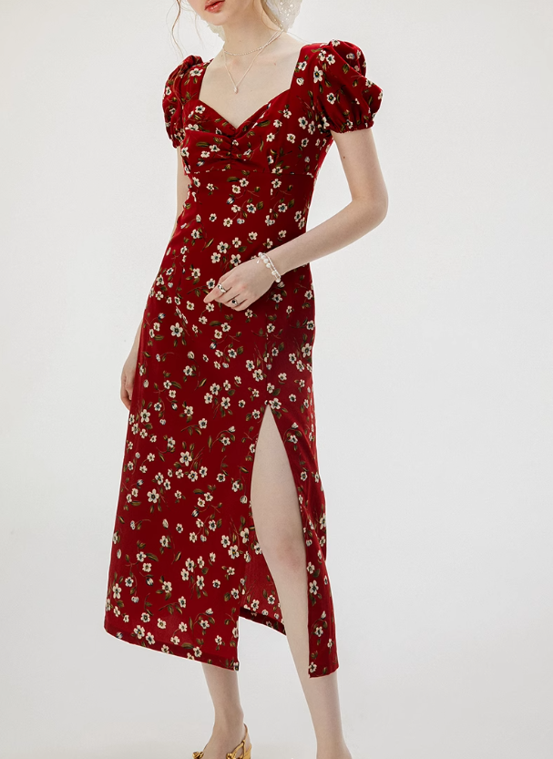 French floral red dress 2025 high-end wear R2703