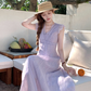 Purple V-neck small flying sleeve waist long dress summer French temperament lace skirt R4584