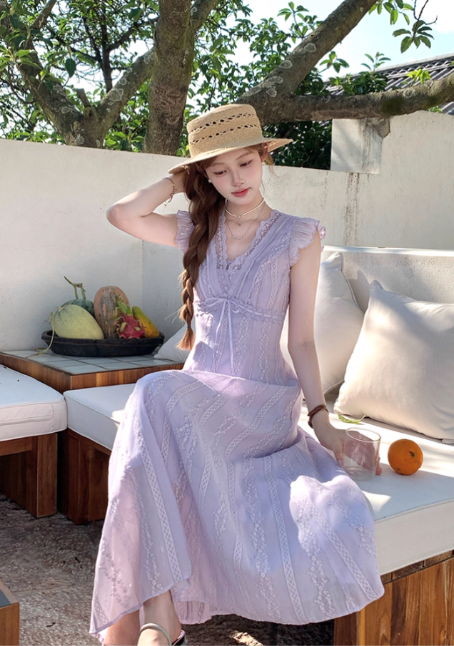 Purple V-neck small flying sleeve waist long dress summer French temperament lace skirt R4584