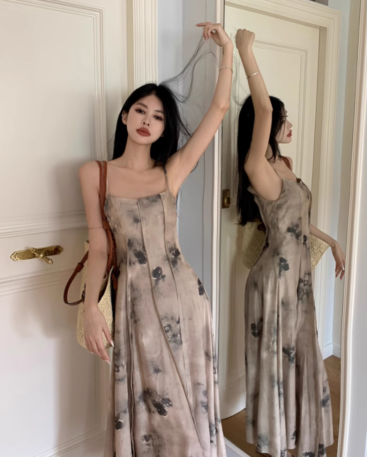Fairy new Chinese style ink-dyed dress design backless holiday style suspender long dress R1724