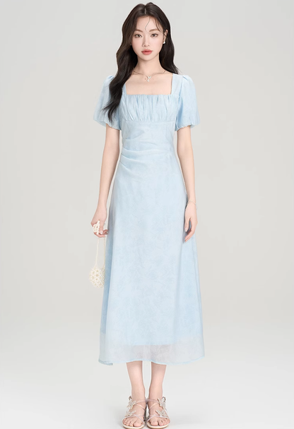 Tea break French style square neck puff sleeve dress new style chic sweet waist skirt R2376
