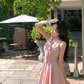 French style pink fake two-piece dress summer new temperament A-line short skirt R4341