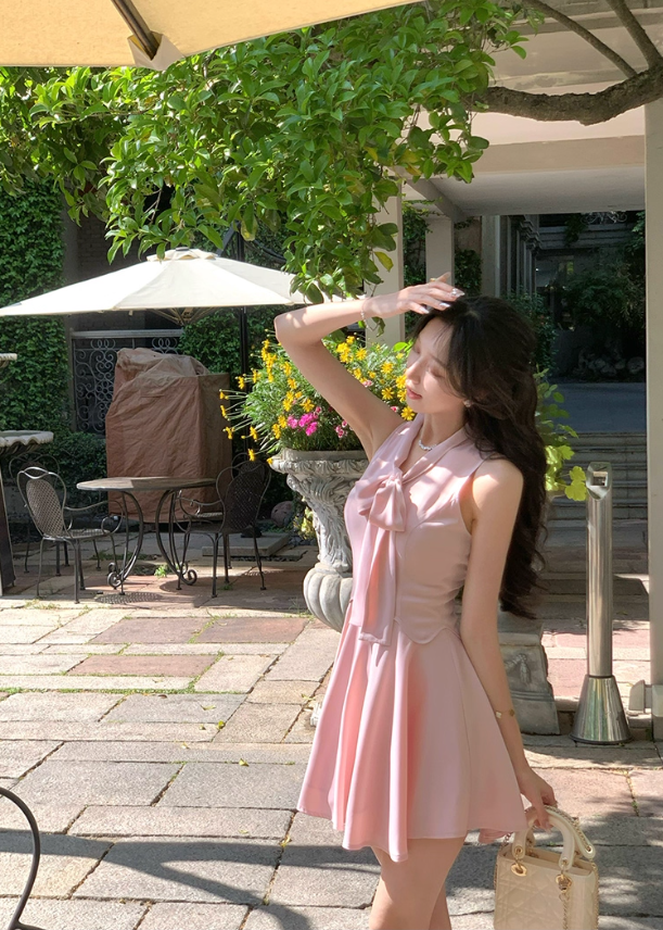 French style pink fake two-piece dress summer new temperament A-line short skirt R4341