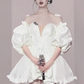 French retro one shoulder white V-neck studded bubble sleeve dress, fluffy dress, homecoming dress R2985