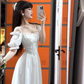 Gentle style white hollow suspender dress unique waist temperament long skirt R0509
