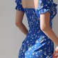 Klein blue floral slim fit versatile puff sleeve dress waist short skirt R2857