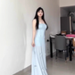 One dress with multiple wears Blue bow suspender dress Gentle temperament waist A-line long skirt R0464