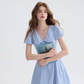 French blue lapel dress petite short skirt puff sleeves short A-line skirt for women R3560