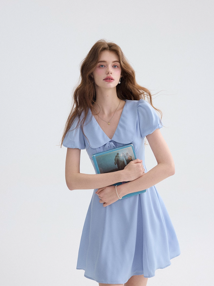 French blue lapel dress petite short skirt puff sleeves short A-line skirt for women R3560