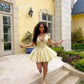 Yellow small floral deep V sexy puff sleeve A-line tutu skirt homecoming dress R2456