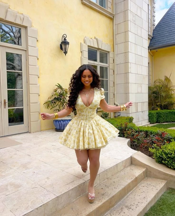 Yellow small floral deep V sexy puff sleeve A-line tutu skirt homecoming dress R2456