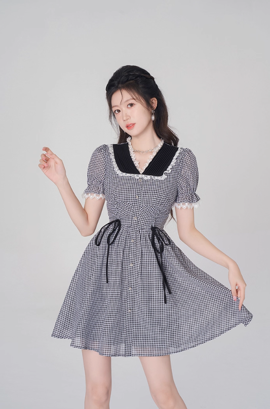V-neck plaid dress summer tea break French skirt new style skirt niche design R4498