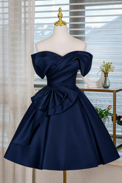 Elegant Navy A-Line Bateau Bow Waist Ornament Bodycon Mini Prom Dress Homecoming Dress RS357