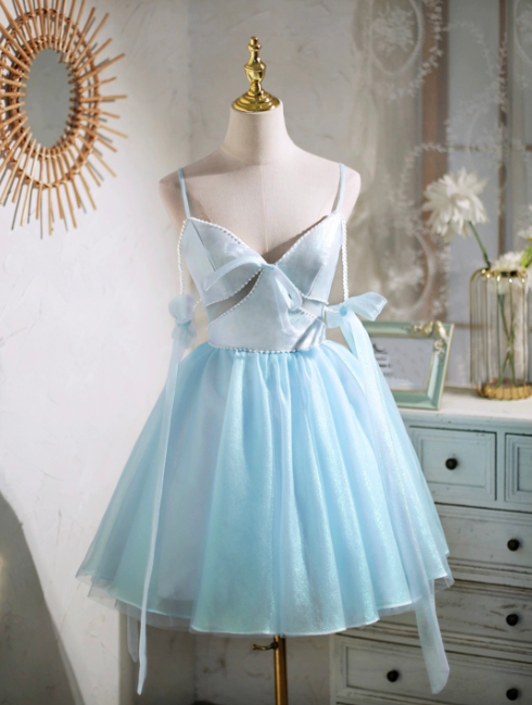 Pretty Blue Homecoming Dress , Striped Corset Mini Summer Dress Cami Dress RS1433