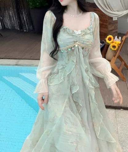 Flowy Chiffon Pleated Women's Prom Gown Soft Green Corset Maxi Evening Dress Birthday Dress — Fall Outfit 2026 New RS3208