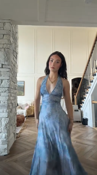 Flowy Print Floral Prom Gown Baby Blue Women's Corset Maxi Birthday Dress Party Dress RS3051