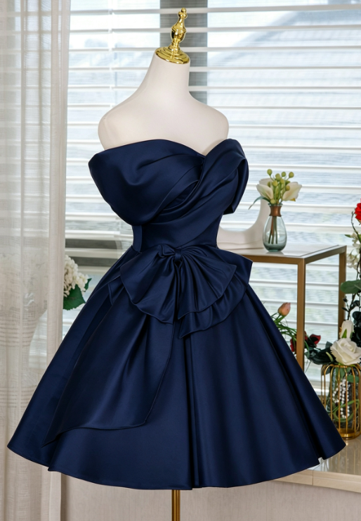 Elegant Navy A-Line Bateau Bow Waist Ornament Bodycon Mini Prom Dress Homecoming Dress RS357