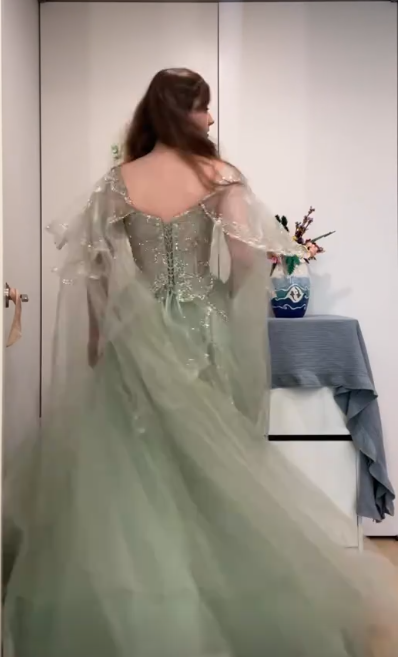 Puffy Tulle Glitter Prom Gown Green Women's Maxi Birthday Dress Evening Dress RS2975