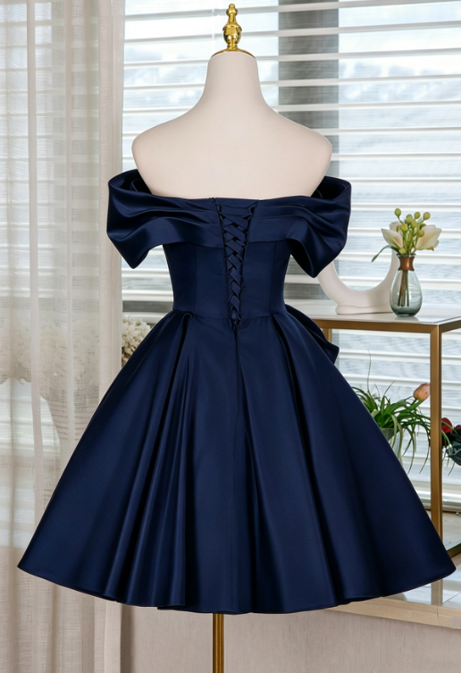 Elegant Navy A-Line Bateau Bow Waist Ornament Bodycon Mini Prom Dress Homecoming Dress RS357