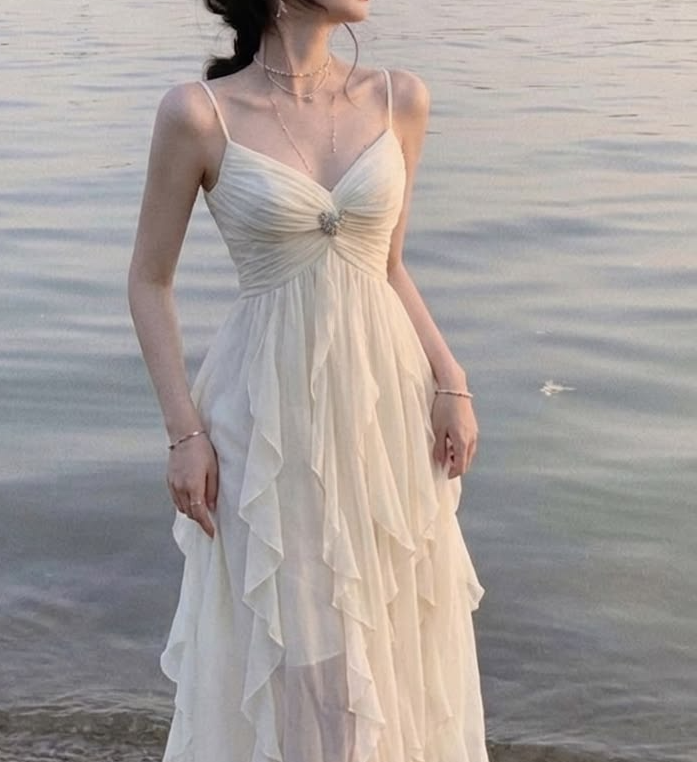 Flowy White Resort Dress ,A-Line Spaghetti Straps Chiffon Bodycon Maxi Summer Dress RS1180