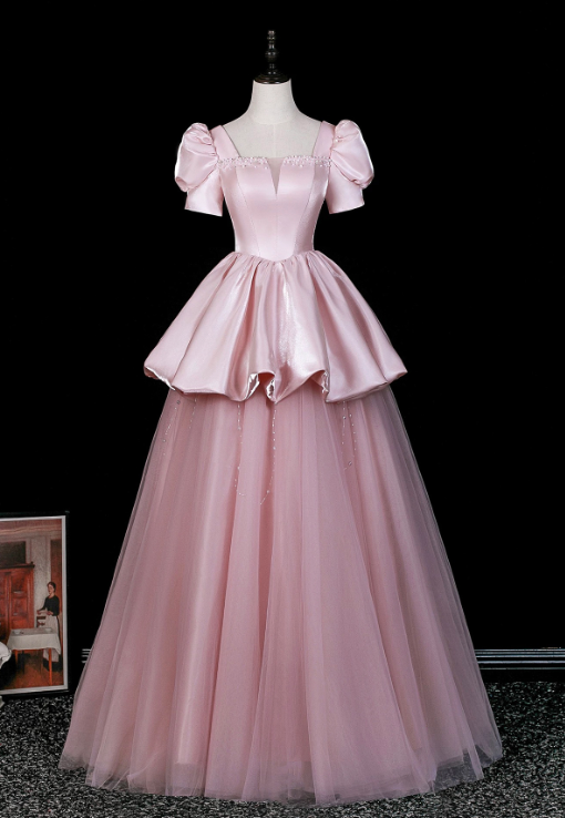 Elegant Pink A-Line Square Tulle Tem Corset Maxi Prom Dress Evening Dress RS404