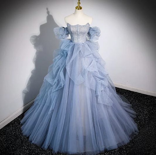 Puffy Tulle Beaded Corset Prom Gown , Pale Blue Women's Maxi Evening Dress Quinceanera Dress RS2386