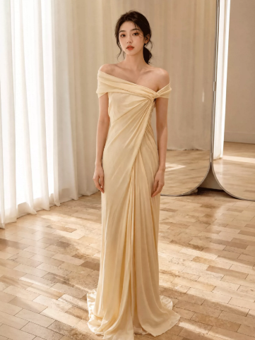 Flowy Chiffon Bateau Corset Prom Gown , Champagne Women's Maxi Evening Dress RS2657