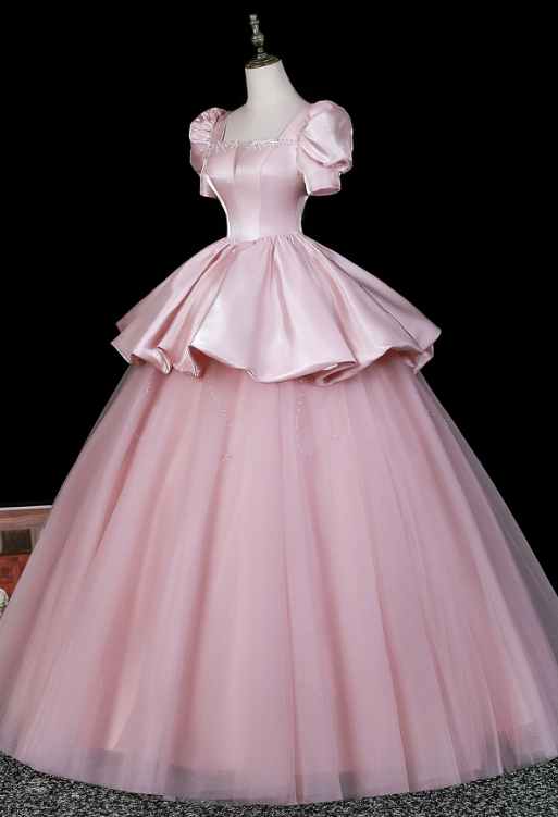 Elegant Pink A-Line Square Tulle Tem Corset Maxi Prom Dress Evening Dress RS404