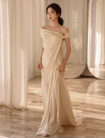 Flowy Chiffon Bateau Corset Prom Gown , Champagne Women's Maxi Evening Dress RS2657