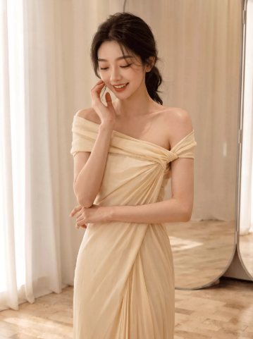 Flowy Chiffon Bateau Corset Prom Gown , Champagne Women's Maxi Evening Dress RS2657
