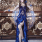 Dark blue suspender waist slim irregular design long skirt, prom dress R5298