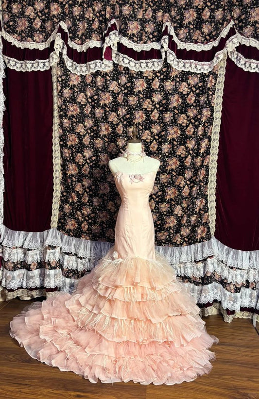 Elegant Pink Mermaid Strapless Long Women Dress with Cascade Fold Prom Dress Evening Dress RS095
