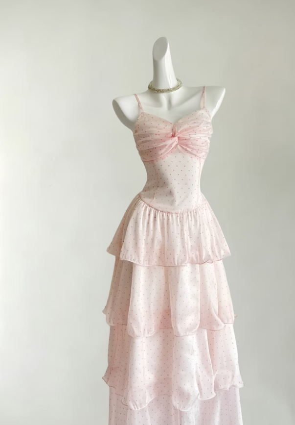 Bohemian Blush Pink Prom Dress ,A-Line Spaghetti Straps Polka Dots Frilled Corset Maxi Summer Dress Cami Dress RS1143