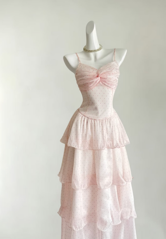 Bohemian Blush Pink Prom Dress ,A-Line Spaghetti Straps Polka Dots Frilled Corset Maxi Summer Dress Cami Dress RS1143