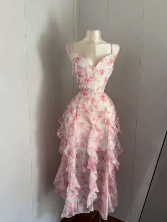 Charming Floral Prom Dress ,A-Line Spaghetti Straps Tulle Corset Maxi Summer Dress Cami Dress RS1144