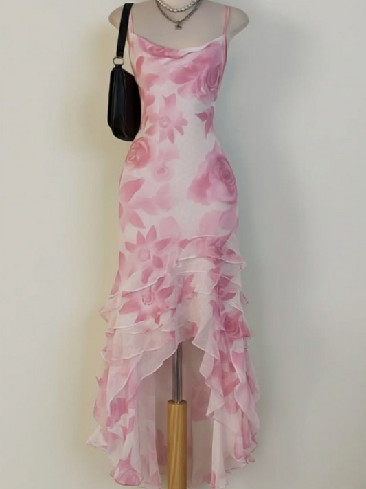 Elegant Floral Prom Dress ,Sheath Spaghetti Straps Chiffon Bodycon Maxi Summer Dress Cami Dress RS1145