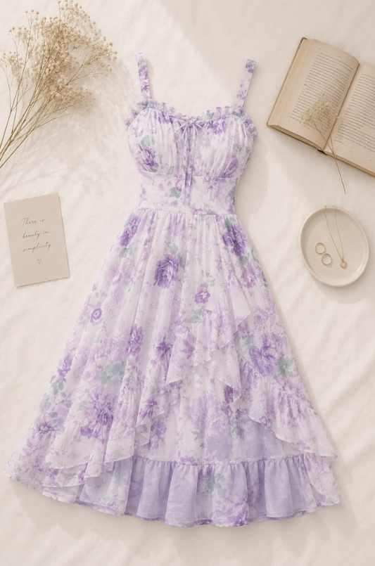 Pretty Lavender Floral Prom Dress ,A-Line Spaghetti Straps Chiffon Corset Maxi Summer Dress Cami Dress RS1147
