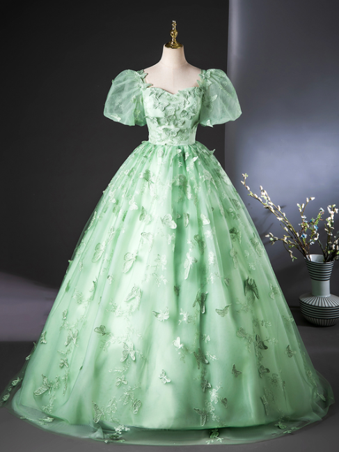 Eelgant Green Prom Dress ,A-Line Square Puff Sleeves Corset Maxi Evening Dress RS903
