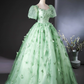 Eelgant Green Prom Dress ,A-Line Square Puff Sleeves Corset Maxi Evening Dress RS903