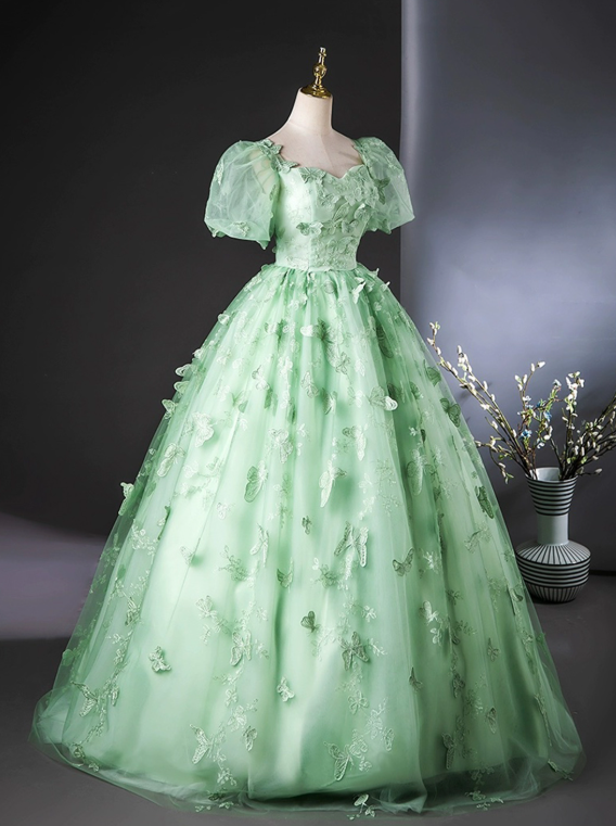 Eelgant Green Prom Dress ,A-Line Square Puff Sleeves Corset Maxi Evening Dress RS903
