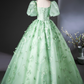 Eelgant Green Prom Dress ,A-Line Square Puff Sleeves Corset Maxi Evening Dress RS903
