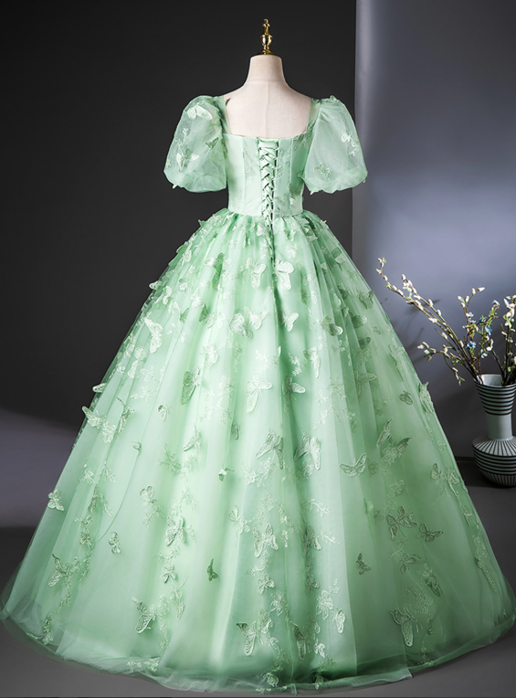 Eelgant Green Prom Dress ,A-Line Square Puff Sleeves Corset Maxi Evening Dress RS903