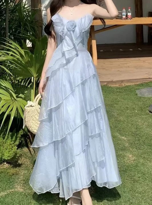 Flowy Pale Blue Ruffled Prom Dress ,A-Line Strapless Chiffon Corset Maxi Summer Dress RS1148
