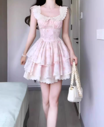 Pink floral dress beautiful niche waist puffy short skirt R0745