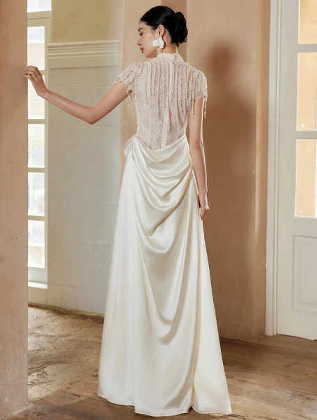 Gorgeous White A-Line High Collar Beading Bodycon Maxi Wedding Dress RS1162