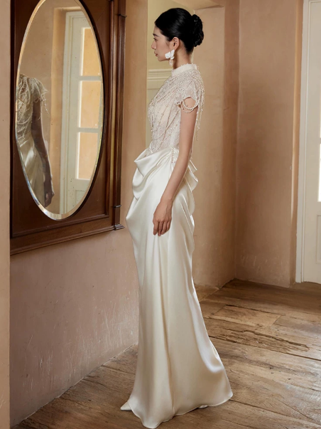 Gorgeous White A-Line High Collar Beading Bodycon Maxi Wedding Dress RS1162